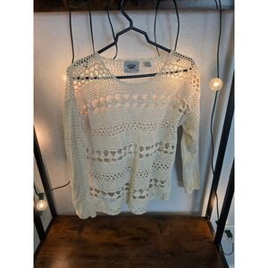 International Outlook Cream Crochet Knit Sweater Ramie Cotton Open Weave Medium